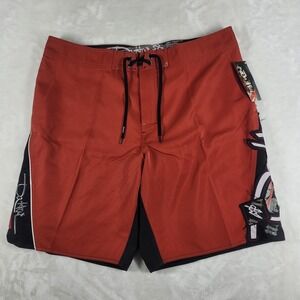 Da Hui Board Shorts Men's 40 Red Swim Trunks Beach Pool Hawaiian Stitch NWT
